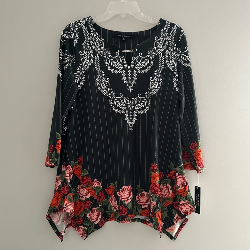Zac and Rachel Long Oversized Tunic style Rose stripe navy and red blouse